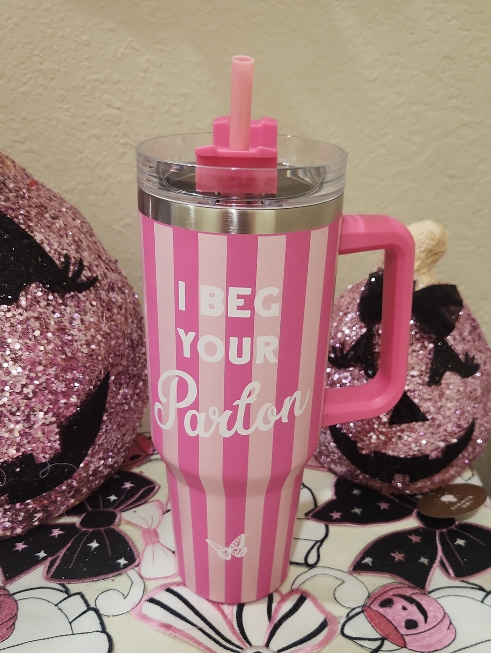 Pink Striped 'I Beg Your Pardon' Party Tumbler with Handle - Dolly Parton